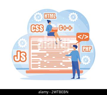 Programmeur ou développeur crée un langage de programmation de code. Développement de programmation et d'ingénierie. illustration moderne vectorielle plate Illustration de Vecteur