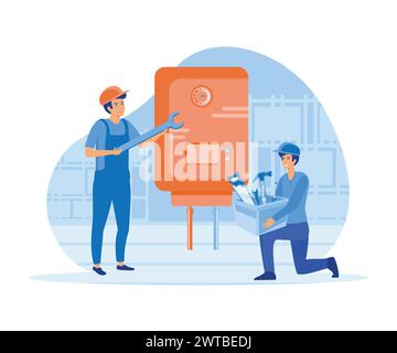 Le plombier répare le chauffe-eau cassé. Les réparateurs en uniforme installent la chaudière et l'appareil. Services d'entretien et de plomberie résidentiels. vecteur plat moderne Illustration de Vecteur