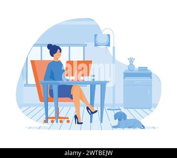 Femme travaillant à domicile et parlant avec des collègues en ligne. Femme assise au bureau dans la chambre, regardant l'écran de l'ordinateur. illustration moderne vectorielle plate Illustration de Vecteur
