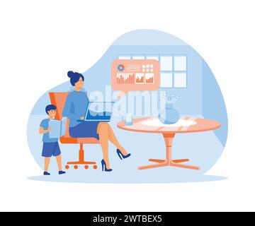 Freelance avec enfant travaillant sur ordinateur portable. Parent travaillant avec son fils. Bureau à domicile. Travailleur à distance, horaire des employés, concept d'horaire flexible. vecto plat Illustration de Vecteur