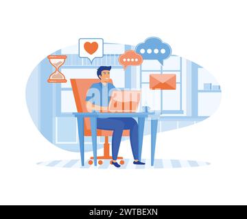 Concept de bureau à domicile, homme travaillant à domicile, étudiant ou indépendant. illustration moderne à vecteur plat Illustration de Vecteur