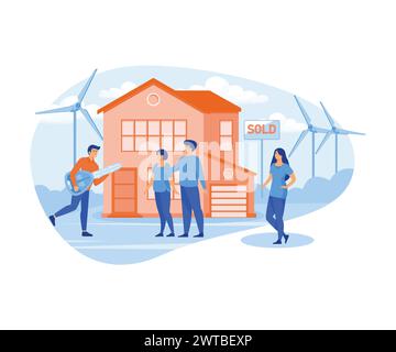 ECO House concept avec des gens heureux achetant une nouvelle maison. Agent immobilier avec clients et clé. Écologie Energie verte, énergie solaire et éolienne. vecteur plat m Illustration de Vecteur