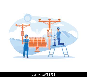 Installation d'énergie solaire, maintenance de panneaux ou de turbines éoliennes avec l'équipe de service à domicile pour l'exploitation du réseau électrique. illustration moderne vectorielle plate Illustration de Vecteur