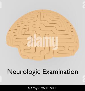 Illustration 3D d'un cerveau humain, intitulé examen neurologique. Banque D'Images
