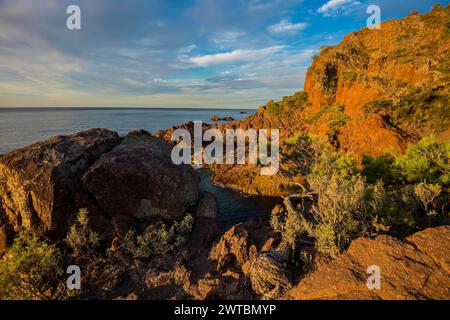 Cap du Dramont, Sunrise, massif de l'Estérel, montagnes de l'Estérel, Département du Var, région Provence-Alpes-Côte d'Azur, France Banque D'Images