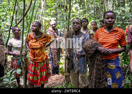 Pygmées du peuple Baka ou BaAka avec leurs filets de chasse dans la forêt, réserve spéciale de forêt dense de Dzanga-Sangha, préfecture de Sangha-Mbaere Banque D'Images