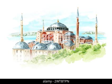 Musée de la mosquée Sainte-Sophie, sur fond de vue du Bosphore à Istanbul, Turquie. . Illustration d'aquarelle dessinée à la main, isolé o Banque D'Images