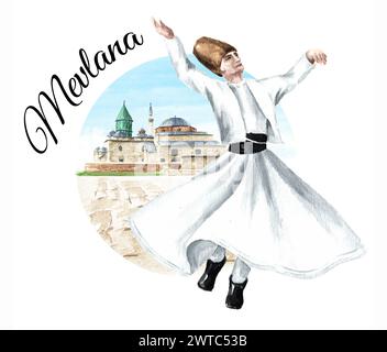 Derviche tourbillonnant devant la mosquée Mevlana à Konya, Turquie, illustration d'aquarelle dessinée à la main isolée sur fond blanc Banque D'Images