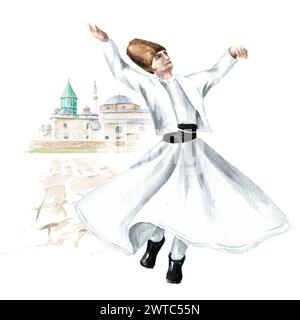 Derviche tourbillonnant devant la mosquée Mevlana à Konya, Turquie. Illustration d'aquarelle dessinée à la main isolée sur fond blanc Banque D'Images