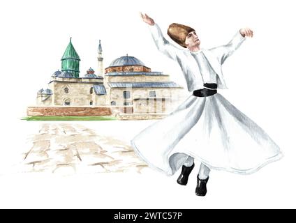 Derviche tourbillonnant devant la mosquée Mevlana à Konya, Turquie. Illustration d'aquarelle dessinée à la main isolée sur fond blanc Banque D'Images