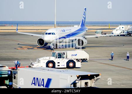 Tokyo, Japon. 16 mars 2024. Tous les avions Nippon Airways (ANA) vus à l'aéroport international de Tokyo, communément appelé aéroport Haneda à Tokyo. Ana Holdings (ANAHD, 9202) filiale All Nippon ANA/NH, filiale d'ANA Holdings (ANAHD, 9202), lancera le 27 mars un Boeing 787-10 de spécifications nationales. Le premier vol sera NH59 de Haneda à 10h00 vers Sapporo (Shin-Chitose), et le vol de retour NH62 à Haneda sera également opéré par le même appareil. Crédit : SOPA images Limited/Alamy Live News Banque D'Images