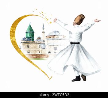 Derviche tourbillonnant, symbole de Konya, Turquie. Illustration d'aquarelle dessinée à la main isolée sur fond blanc Banque D'Images