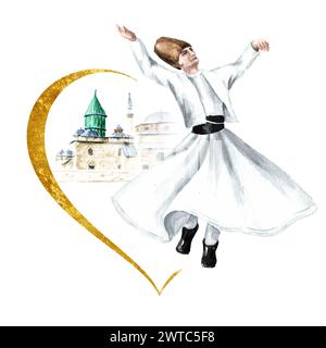 Derviche tourbillonnant, festif soufi traditionnel Mevlana Rumi à Konya, Turquie. Illustration d'aquarelle dessinée à la main isolée sur fond blanc Banque D'Images