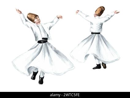 Derviches tourbillonnants, festif soufi traditionnel Mevlana Rumi à Konya, Turquie. Illustration d'aquarelle dessinée à la main isolée sur fond blanc Banque D'Images