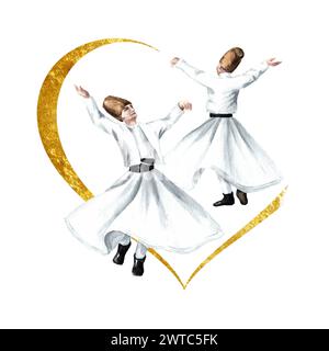 Derviches tourbillonnants, festif traditionnel soufi Mevlana Rumi. Illustration d'aquarelle dessinée à la main isolée sur fond blanc Banque D'Images