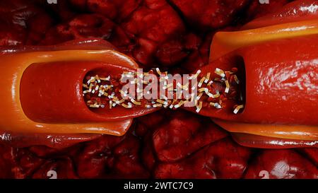 circulation sanguine et mégots de cigarettes. concept de nuisance pour la santé du tabagisme À l'intérieur du corps humain. rendu 3d. Banque D'Images