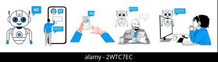 Communication en ligne avec ai chat bot Vector Set. Illustration de Vecteur