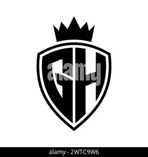 Monogramme gras lettre GH avec bouclier et forme de contour de couronne avec modèle de conception de couleur noir et blanc Banque D'Images