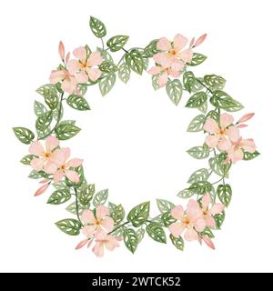 Cadre rond de couronne tropicale avec fleurs de laurier rose et illustration florale à l'aquarelle de vignes de singe monstera Banque D'Images