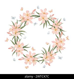 Fleurs d'été rose pastel avec papillons cadre couronne ronde illustration florale aquarelle avec laurier rose pêche pâle Banque D'Images