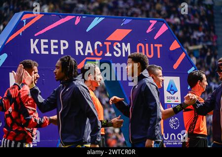 Torino, Italie. 16 mars 2024. Initiative de l'UNAR Keep Racism Out lors du match de football Serie A entre la Juventus et Gênes au stade Allianz de Turin, dans le nord-ouest de l'Italie - dimanche 17 mars 2024. Sport - Soccer . (Photo de Marco Alpozzi/Lapresse) crédit : LaPresse/Alamy Live News Banque D'Images