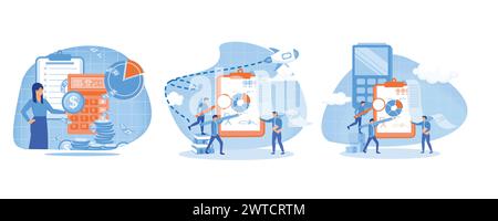 Calcul, comptabilité concept d'argent d'investissement. Comptabilité et tenue de livres. Organisation des données comptables, financières, bancaires. Définissez le vecteur plat moderne Illustration de Vecteur