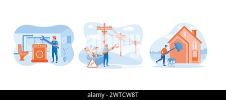 Métaphores de l'entretien et de l'amélioration de la maison. Services d'électricien. Services de peintre. Définir illustration moderne vectorielle plate Illustration de Vecteur