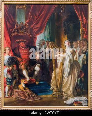 Anne Boleyn jouant de la harpe devant Henry VIII - par Eugène DEVÉRIA - Musee de beaux arts de Caen - Banque D'Images