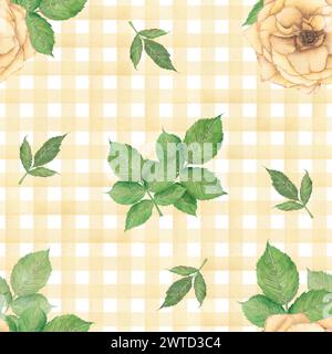 Motif sans couture avec roses aquarelles et rayures jaunes. Roses orange et jaune, feuilles, rayures jaunes, motif à carreaux sur fond blanc. F Banque D'Images