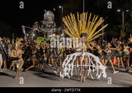 Cape Town, Afrique du Sud. 16 mars 2024. Défilent lors du carnaval du Cap 2024 au Cap, en Afrique du Sud, le 16 mars 2024. Le carnaval annuel du Cap a débuté samedi soir dans la capitale législative de l'Afrique du Sud avec des éléments chinois présentés lors de l'événement. Crédit : Wang Lei/Xinhua/Alamy Live News Banque D'Images