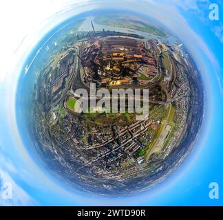 Luftbild, ThyssenKrupp Steel Europe Stahlwerk am Fluss Rhein, Werkshafen Schwelgern, Erdkugel, Fisheye Aufnahme, Fischaugen Aufnahme, 360 Grad Aufnahme, petit monde, petite planète, fisheye Bild, Marxloh, Duisburg, Ruhrgebiet, Nordrhein-Westfalen, Deutschland, Duisburg-FISH ACHTUNGxMINDESTHONORARx60xEURO *** vue aérienne, aciéries ThyssenKrupp Steel Europe sur le Rhin, port d'usine de Schwelgern, globe terrestre, image fisheye, image 360 degrés, petit monde, petite planète, image fisheye, Marxloh, Duisburg, Ruhr area, Rhénanie du Nord-Westphalie, Allemagne, Duisburg fish ACHTUNGxMINDESTHONORARx60xEURO Banque D'Images