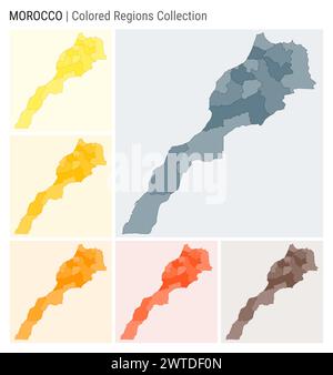Collection de cartes du Maroc. Forme de pays avec régions colorées. Bleu gris, jaune, ambre, orange, orange profond, palettes de couleurs marron. Illustration de Vecteur