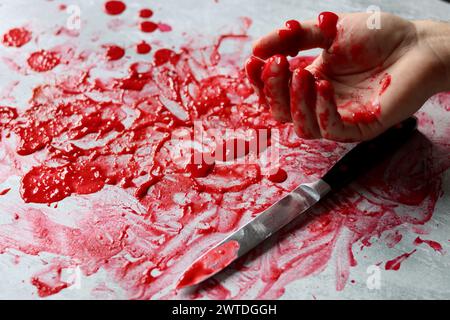 Sang sur la lame d'un couteau. Scène sanglante désordonnée. Concept de science médico-légale. Banque D'Images