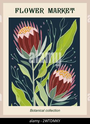 Poster d'art vectoriel de marché de fleurs abstrait Protea. Illustration de Vecteur