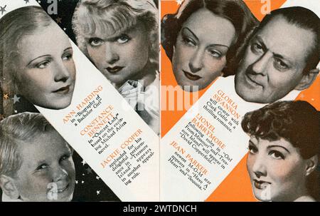 Publicité promotionnelle pour JACKIE COOPER ANN HARDING CONSTANCE BENNETT GLORIA SWANSON (co-star avec Clark Gable dans un film inédit) LIONEL BARRYMORE et JEAN PARKER publicité pour Metro Goldwyn Mayer Banque D'Images