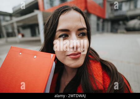 Entrepreneur féminin professionnel en tenue élégante s'engage dans une discussion sérieuse tout en tenant des documents dans la rue. Banque D'Images