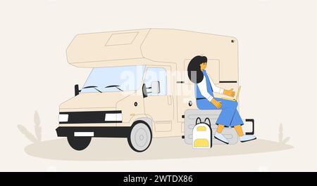 Jeune femme assise sur une valise et travaillant avec son ordinateur portable près de la caravane. Mode de vie nomade numérique avec caravane. Vacances Road trip. Summer holi Illustration de Vecteur