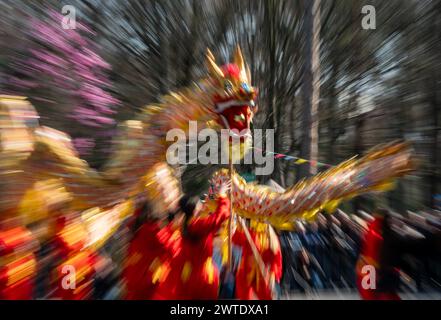 17 mars 2024 Yambol Bulgarie : Festival Parade la tradition élaborée et costumée attire des équipes de tous les pays des Balkans pour concourir hommes, femmes et enfants exécuter des rituels traditionnels destinés à effrayer les mauvais esprits. Le chef du Saint Synode orthodoxe bulgare Neofit Patriarche est mort à l'âge de 78 ans, l'annulation des jeux de cette année jeux anniversaire. Les touristes et les habitants apprécient de se poser des questions parmi les masques Giant Kukrie, la nourriture traditionnelle et la musique. La tradition bulgare est pratiquée depuis Thrace Times Clifford Norton Alamy Live News Banque D'Images