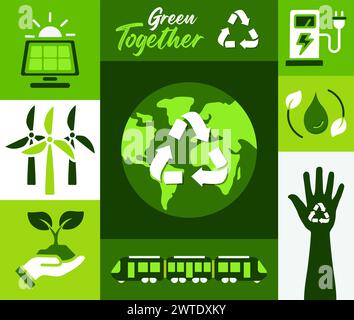 Allons au vert ensemble, concept d'ensemble d'icônes d'écologie. enregistrer l'affiche d'illustration vectorielle du monde Illustration de Vecteur