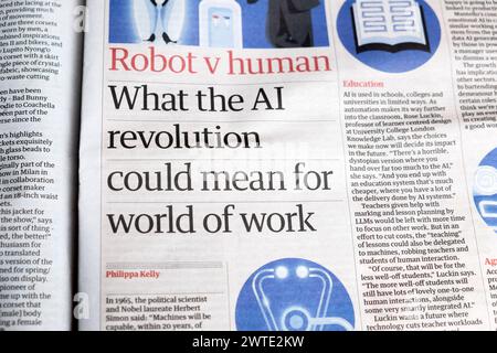 'Robot v Human 'qu'est-ce que la révolution de l'IA pourrait signifier pour le monde du travail' journal Guardian titre article technologique 13 mai 2023 Londres Royaume-Uni Grande-Bretagne Banque D'Images