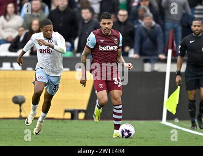 Londres, Royaume-Uni. 17 mars 2024. Emerson Palmieri (West Ham) lors du match de West Ham vs Aston Villa premier League au London Stadium Stratford. Cette image est RÉSERVÉE à UN USAGE ÉDITORIAL. Licence exigée du Football DataCo pour toute autre utilisation. Crédit : MARTIN DALTON/Alamy Live News Banque D'Images