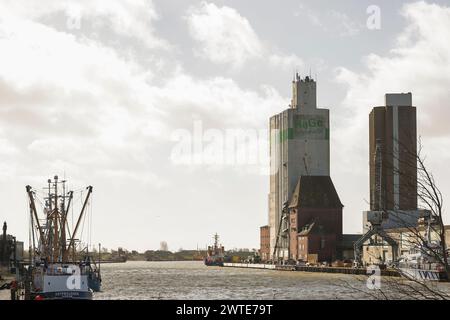 Husum, Allemagne. 16 mars 2024. Navires amarrés dans le port. Les dépôts de sédiments ont fait rétrécir le chenal du port de Husum de plus en plus au fil du temps. Maintenant, la ville de Husum (district de Frise du Nord) veut approfondir à nouveau l'entrée du port avec une mesure unique d'entretien de l'eau. Crédit : Frank Molter/dpa/Alamy Live News Banque D'Images