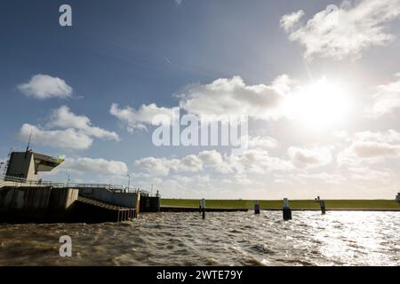 Husum, Allemagne. 16 mars 2024. Le soleil brille sur le barrage. Les dépôts de sédiments ont fait rétrécir le chenal du port de Husum de plus en plus au fil du temps. Maintenant, la ville de Husum (district de Frise du Nord) veut approfondir à nouveau l'entrée du port avec une mesure unique d'entretien de l'eau. Crédit : Frank Molter/dpa/Alamy Live News Banque D'Images