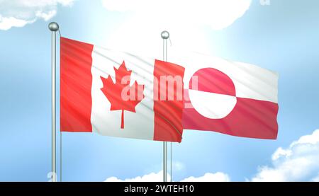 Drapeau 3D du Canada et du Groenland sur Blue Sky avec Sun Shine Banque D'Images