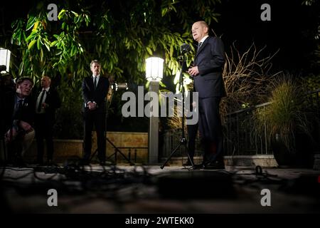 Jérusalem, Israël. 17 mars 2024. Le chancelier fédéral Olaf Scholz (SPD) fait une déclaration à la presse. Crédit : Kay Nietfeld/dpa/Alamy Live News Banque D'Images