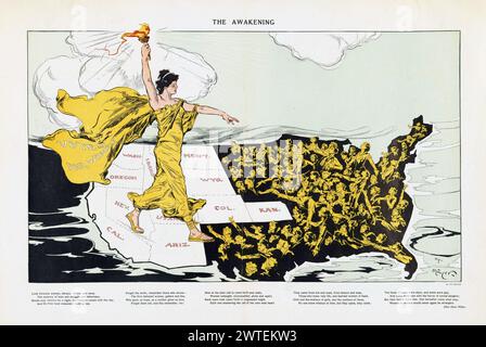 'The Awakening' de Henry Mayer publié dans le magazine américain Puck 20 février 1915 . Caricature politique, avec une femme portant le flambeau étiquetée « votes for Women », l'éveil des femmes de la nation au désir de suffrage alors que le mouvement suffragette américain balaye à travers le pays, se déplaçant de l'Ouest en est. Banque D'Images