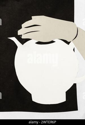 collage papier coupé à la main et collé - main gantée sur théière Banque D'Images