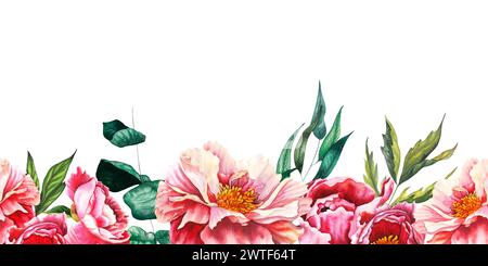 Aquarelle Fleur pivoine bordure de buttom sans couture dans des couleurs rose pastel et pêche avec des feuilles vertes et eucalyptus. Illustration florale dessinée à la main sur Banque D'Images