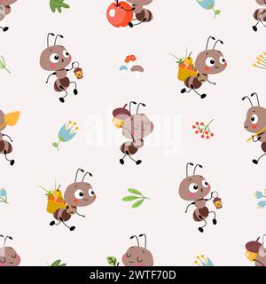 Motif sans couture de fourmi de dessin animé. Fourmis drôles se déplaçant avec de la nourriture, de mignons insectes forestiers travaillant. Impression décorative de tissu enfantin, de nos jours fond vectoriel Illustration de Vecteur