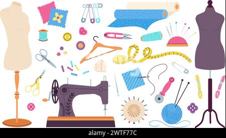 Outils d'aiguilletage. Outils et équipements de confection, éléments d'artisanat à la main. Machine à coudre, aiguilles et fils, ciseaux et mannequins vecteur décent Illustration de Vecteur